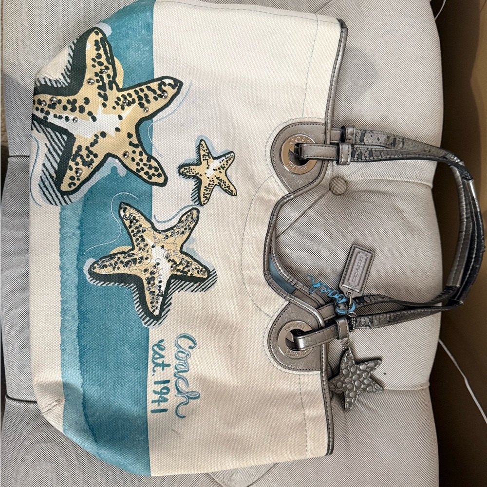 Coach Starfish Canvas Tote - Teal and Cream